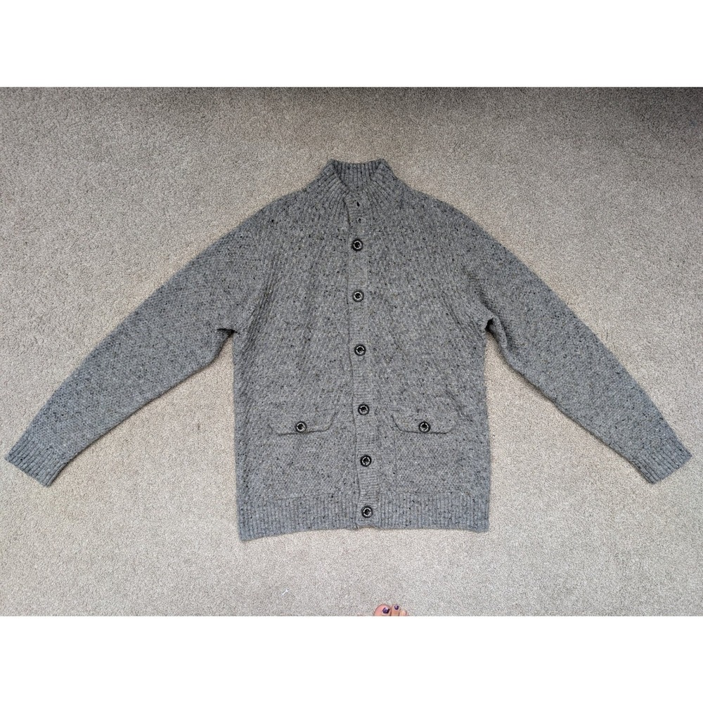 Beams Heart Cardigan Sweater Mens XL Wool Blend Grey Flecked Mock Neck Button Up